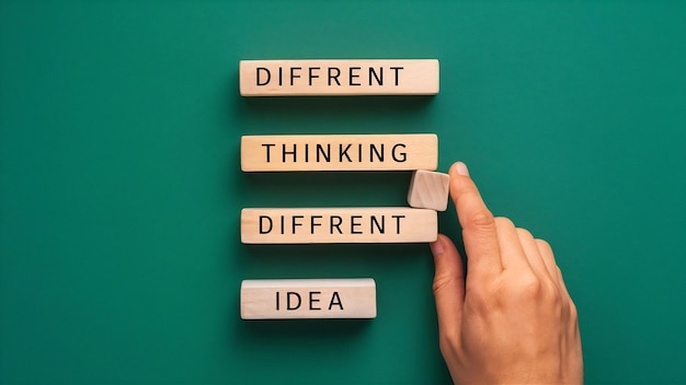 different thinking different idea concept with wooden blocks navy green background top view 926199 3804864